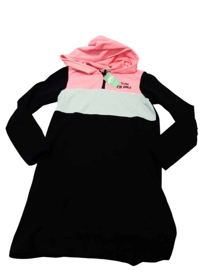 VESTIDO ALG NEGRO CAPUCHA ROSADO CELESTE CIERRE FUZARKA T9/10