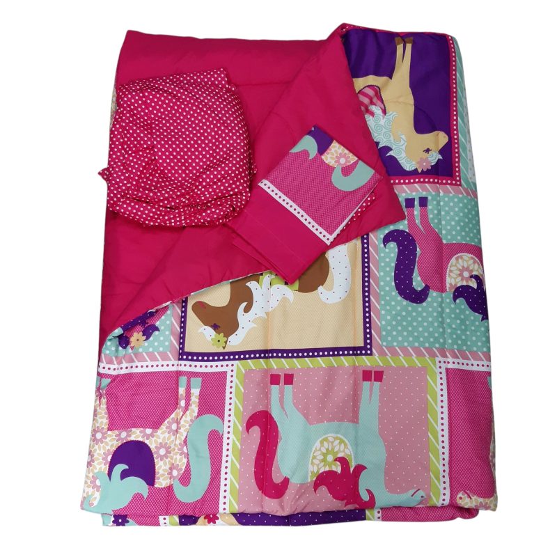 SET DE ACOLCHADO Y SABANAS 1 PLAZA FUCSIA CABALLOS EN ESTUCHE