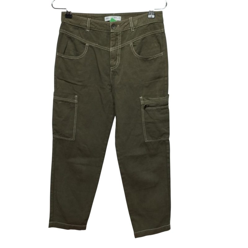 PANTALON TELA VERDE COSTURA BLANCA CIERRE ZARA T13/14