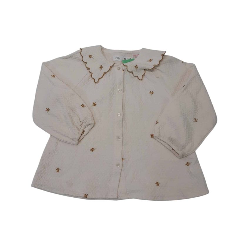 BLUSA BLANCA HILO FLORES MARRONES CUELLO ZARA T4/5