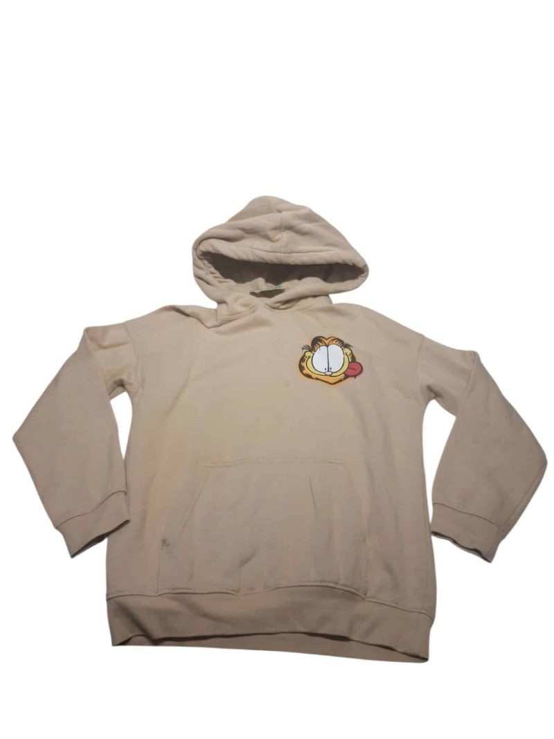 BUZO CON CAPUCHA ALG BEIGE GARFIELD AGUJERITO EN BOLSILLO H&M T8/10
