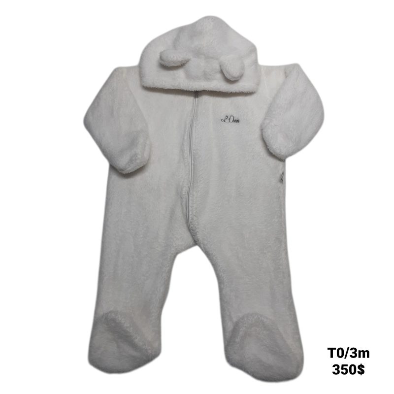 ENTERITO PIJAMA PELUDITO BCO CAPUCHA OREJITAS AKAS T0/3M