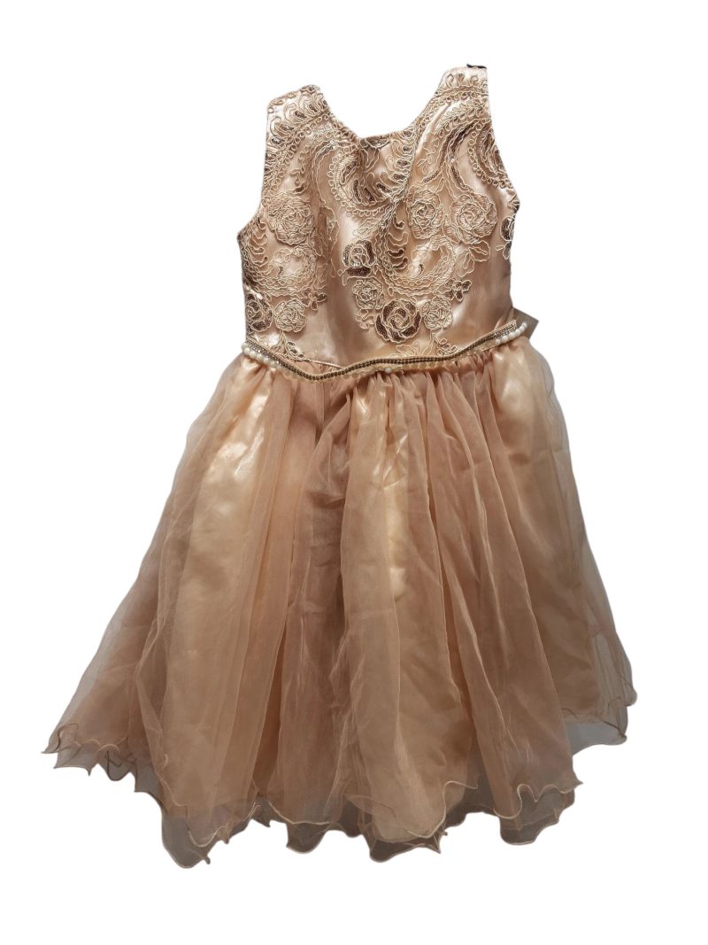 VESTIDO DE FIESTA DORADO LENTEJUELAS SIMIL PERLAS ENGANCHE T4/6AP