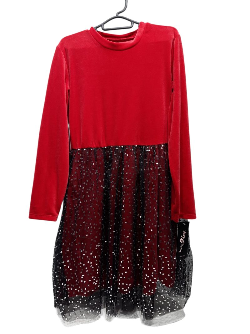 VESTIDO PIEL DURAZNO ROJO POLLERA NEGRA LENTEJUELAS LUCKY GIRL T12