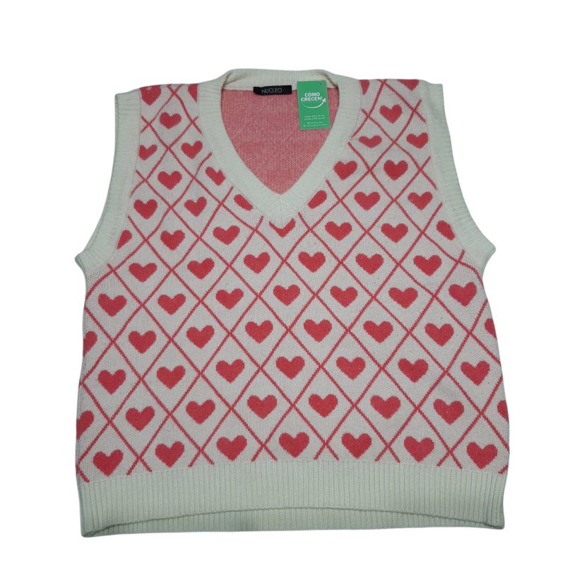 CHALECO LANA BCO ROMBOS CON CORAZONES ROSA NUCLEO TSAPROX 16