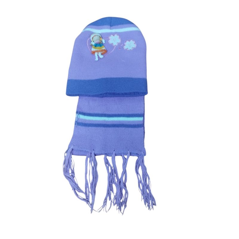 CONJUNTO BUFANDA GORRO LILA VIOLETA BCO MUÑEQUITA FLORES