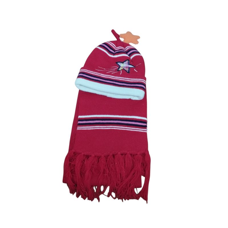 CONJUNTO BUFANDA GORRO ROJO AZUL ROSADO BCO ESTRELLA