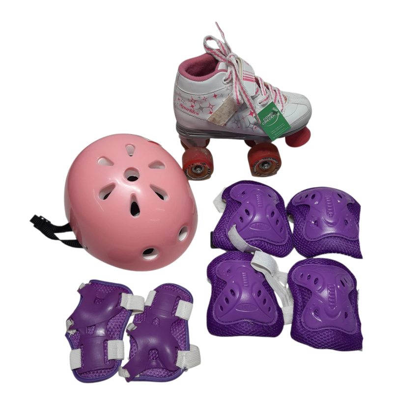 PATINES 4 RUEDAS BCOS ROSA ROLLER DERBY CASCO Y PROTECCIONES T2/33 RAS