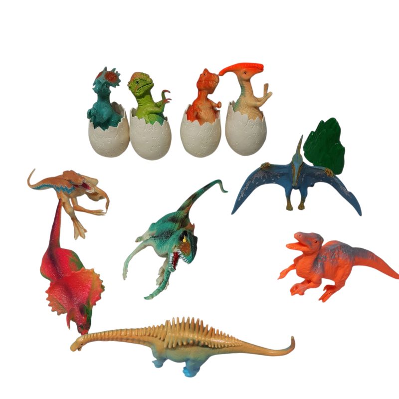 4 HUEVOS DE DINOSAURIOS + 6 DINOSAURIOS DE COLORES + PLANTA