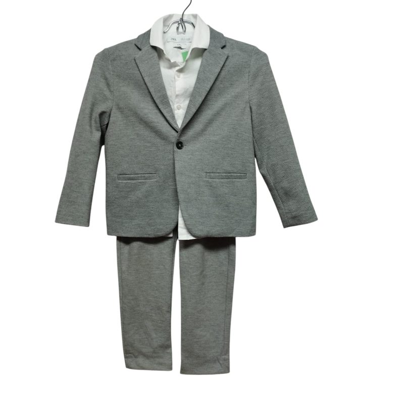 CONJUNTO SACO SPORT PANTALON GRIS JASPEADO Y CAMISA ZARA T 7-8