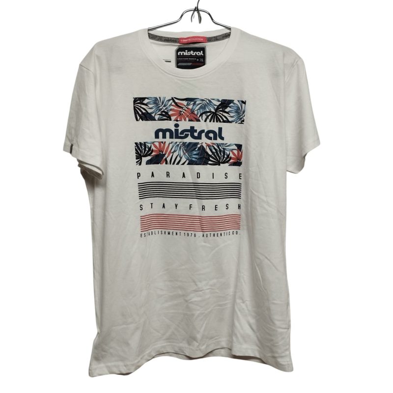 REMERA BLANCA RAYAS ROJO NEGROHOJAS MISTRAL T S