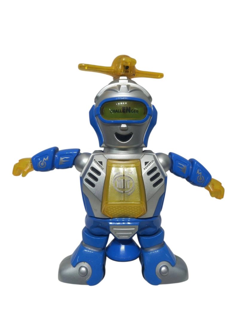 ROBOT PLATEADO AZUL AMARILLO CON SONIDO LUZ Y MOVIMIENTO