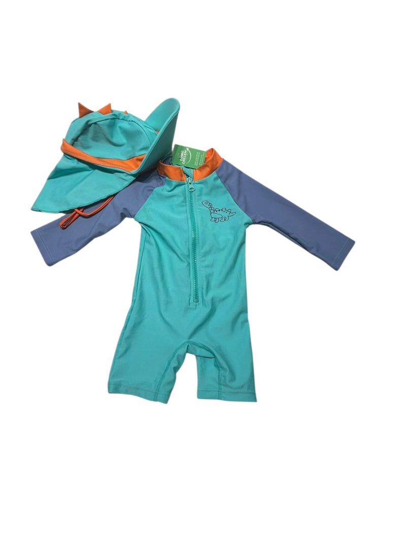 ENTERITO LICRA CON GORRO TURQUESA CELESTE NARANJA DINO T3/6M