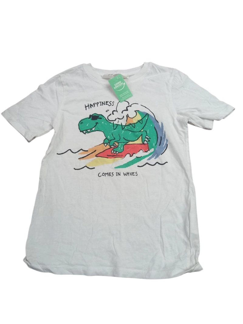 REMERA ALG BLANCA DINOSARIO EN TABLA DE SURF COMES IN WAVES H&M T7/8