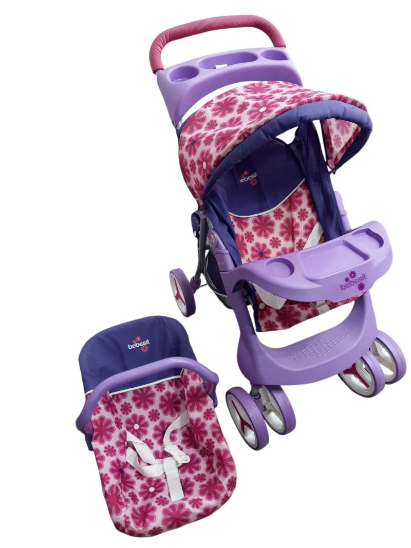 COCHE CON BABYSILLA DE MUÑECAS VIOLETA ROSA BEBESIT