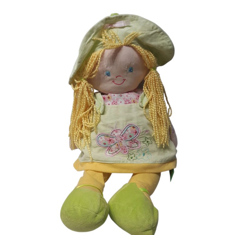 MUÑECA DE TELA MEDIANA RUBIA VESTIDO VERDE PANA