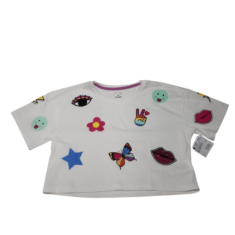 REMERA BLANCA CORTA OJOS FLOR MANO EMOJI FUZARKA T11/12 NUEVA