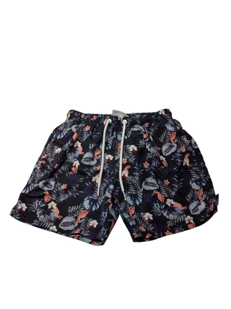 SHORT DE BAÑO GRIS HOJAS FLORES AZUL BCO NARANJA PIOLAS MISTRAL T12