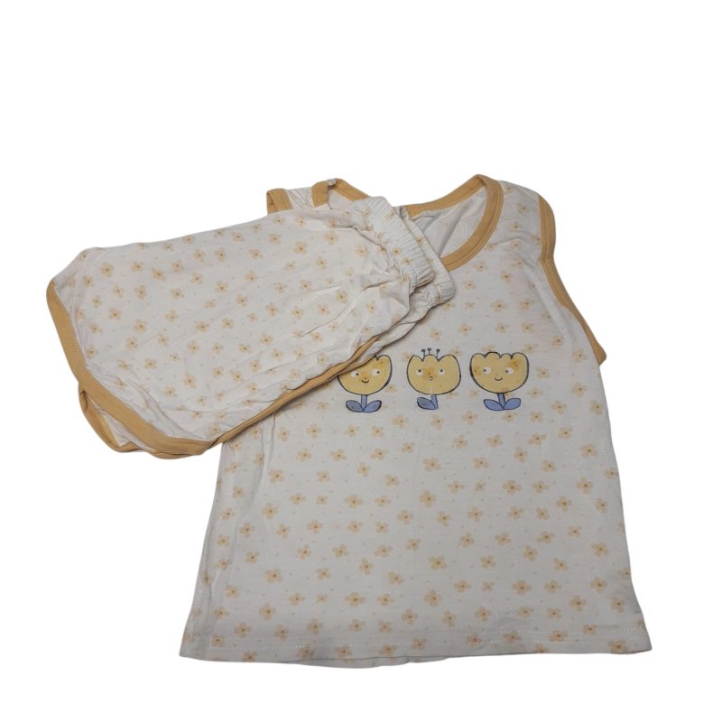 CONJ PIYAMA MUSC Y SHORT BCO AMARILLO DET ESTAMPA FLORES T3AP