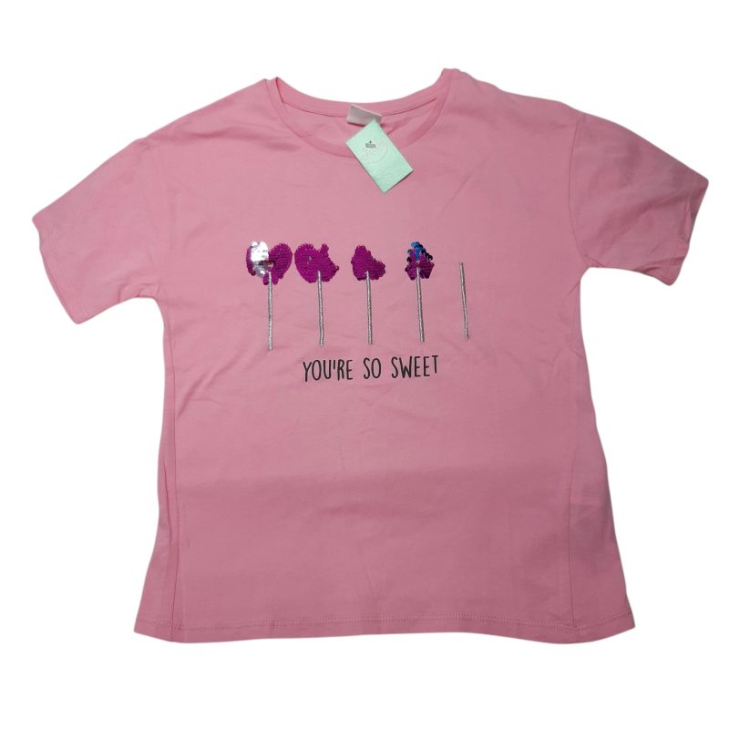 REMERA ALG ROSA YOURE SO SWEET CORAZONES LENTEJUELAS ZARA T9