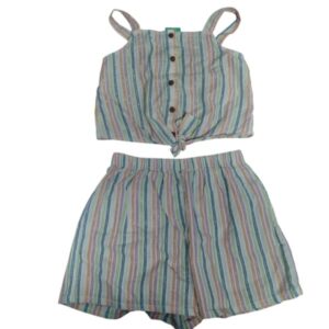CONJUNTO TOP SHORT H&M T 8/9 ROSA VERDE AZUL DORADO RAYAS