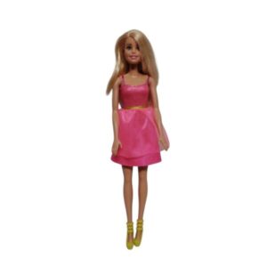 MUÑECA BARBIE RUBIA VESTIDO FUXIA SANDALIAS AMARILLAS