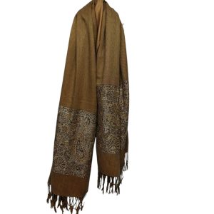 PASHMINA MOSTAZA NEGRO ARABESCOS FLECOS