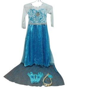 VESTIDO CELESTE ELSA  FROZEN CON TRENZA PAÑUELO Y GUANTES T 6