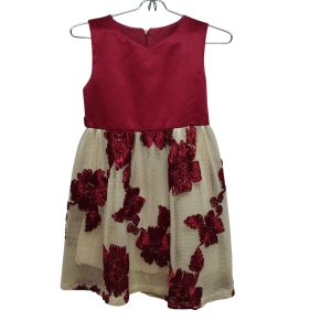 VESTIDO FIESTA NIÑA CRUDO ROJO FLORES BORDADAS SIN LAZO T 10 AP