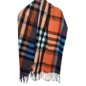 BUFANDA CUADROS AZUL NARANJA BCO NEGRO MARRON FLECOS