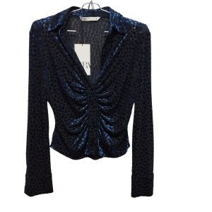 BLUSA ABOTONADA NEGRA CIRCULOS AZULES FRUNCES T XS ZARA NUEVA