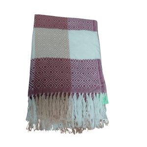 BUFANDA LANA ROSADO BCO BEIGE ROMBOS FLECOS
