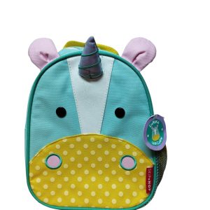 mochila celeste blanco amarillo unicornio con arnes skip hop