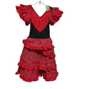 VESTIDO NEGRO ROJO FLAMENCO VOLADOS LUNARES FLECOS 6-8AP