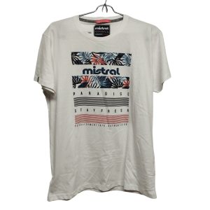 REMERA BLANCA RAYAS ROJO NEGROHOJAS MISTRAL T S