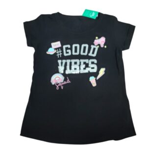 REMERA ALG M/C NEGRA SIN ETIQ T 8 APROX GOOD VIBES LENTEJUELAS DECO