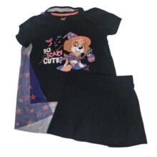 DISFRAZ REMERA POLLERA Y CAPA PAW PATROL PERRITA NEGRO VIOLETA NARANJA