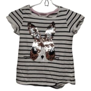 REMERA ALG H&M T 6/8 BLANCA AZUL RAYAS CONEJO LENTEJUELAS