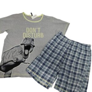 PIYAMA REMERA GRIS SHORT CUADRILLE AZUL DINOSAURIO ACCESORIES 13/14