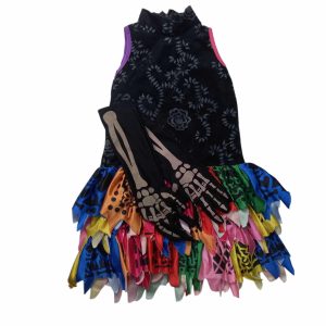 VESTIDO HALLOWEEN NEGRO GAJOS COLORES MEDIAS NEGRAS HUESO Y GUANTES