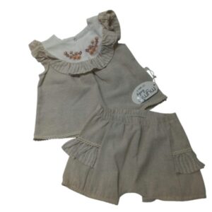 CONJ BLUSA Y SHORT LINO BEIGE CUELLO BORDADO MYMIO T2AP