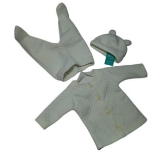 CONJ SACO PANT YGORRO BCO OREJITAS ROMBITOS T1/3M APROX