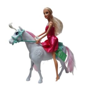 MUÑECA VESTIDO FUCSIA SIN CARAVANAS ESTILO BARBIE CON CABALLO