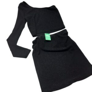 CONJUNTO POLLERA TOP CON UNA MANGA NEGRO BRILLO T12APROX