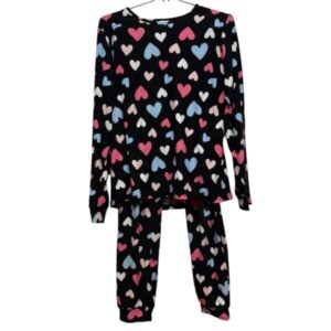 PIYAMA 2P REMERA PANTALON ABRIGADITO NEGRO CORAZONES COLORES 13/14