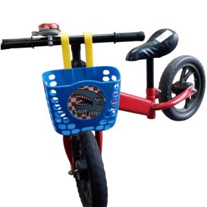 BICICLETA ROJA SIN PEDAL CANASTO AZUL TIMBRE