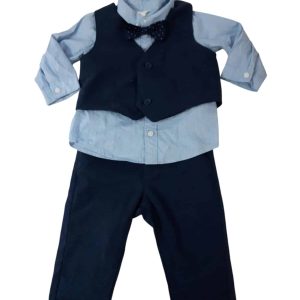 CONJ CAMISA CHALECO PANTALON Y MOÑA AZUL CELESTE H&M T6/9M