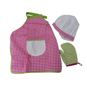 DELANTAL DE COCINA + MANOPLA + GORRO CUADRILLE ROSADO BLANCO VERDE