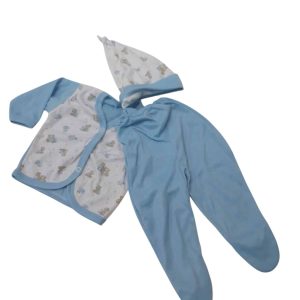 CONJ BATITA PELELE Y GORRO BCO CELESTE ANIMALES T3M AP
