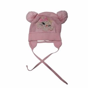 GORRO LANA ROSA POMPONES GATA BORDADA FR
